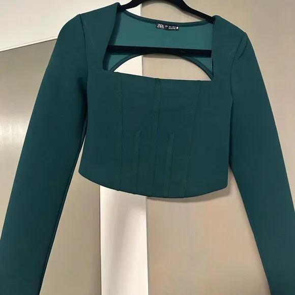 Zara Green Long Sleeve Cutout Back Square Neck Bustier Corset Crop Top - Picture 2 of 5